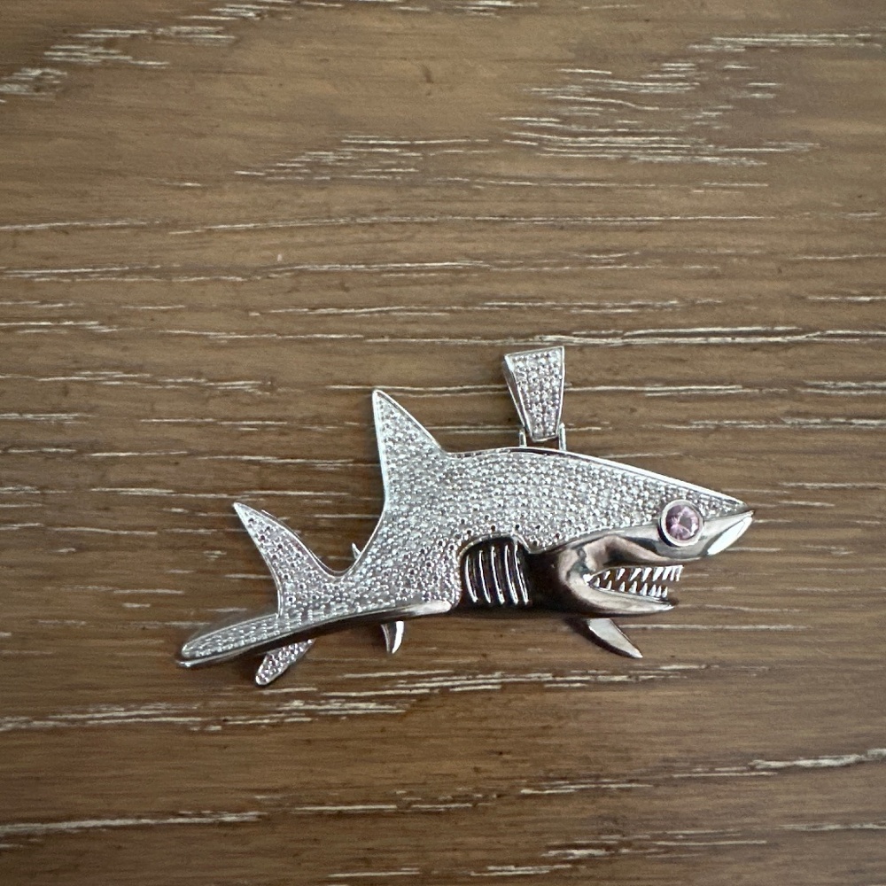 Diamond & Pink Sapphire Shark Charm 3/4 ct tw 10K White Gold